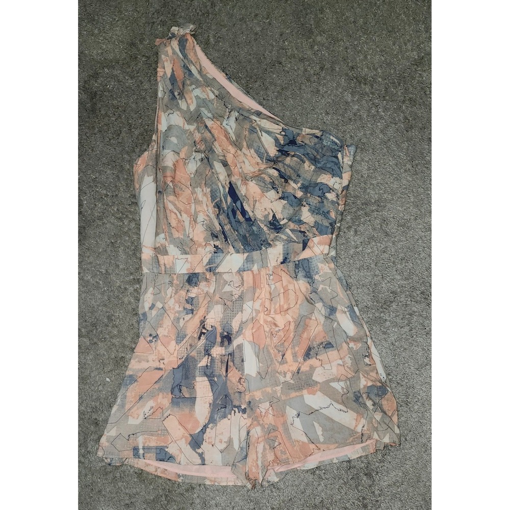 BCBGeneration Womens One Shoulder Abstract Print Romper Peach Blue Size 8